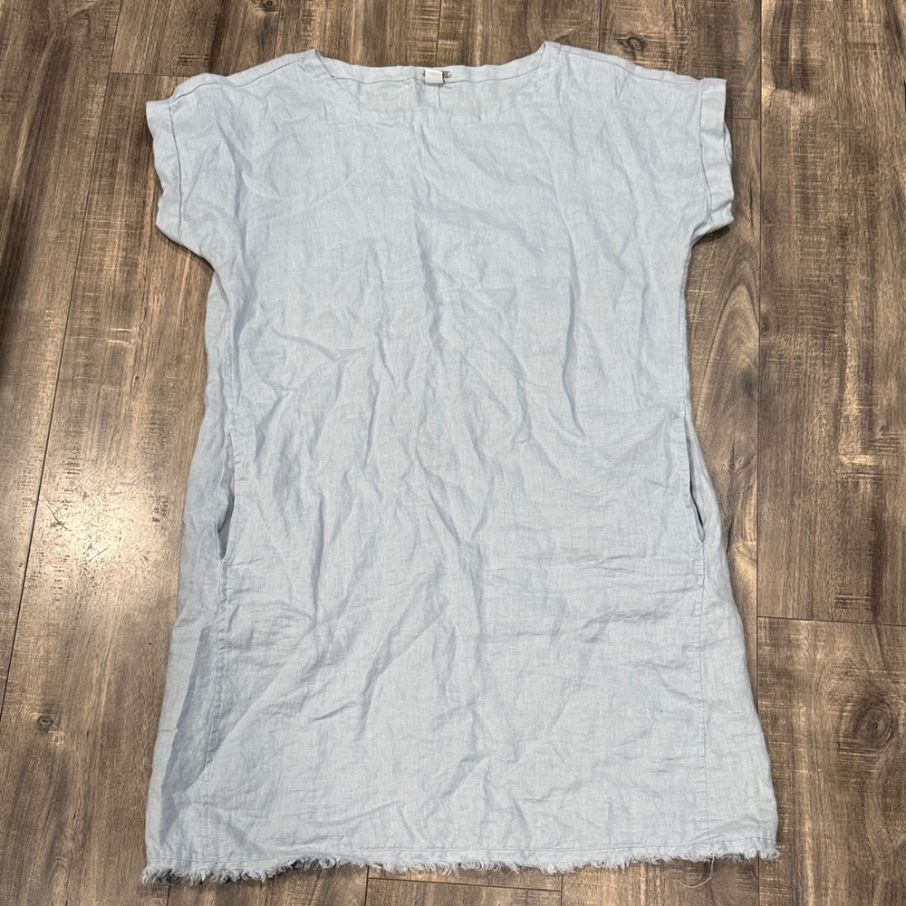 Magaschoni 100% Linen Dress Blue Grey Hand Pockets Frayed Hem Size Large